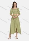 Wholesale Women's Casual Plain Shirred Square Neck Ruched Puff Sleeve & Shirred High Waist Split Hem Midi Dress 2 Piece Set N8500# - Liuhuamall
