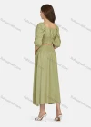 Wholesale Women's Casual Plain Shirred Square Neck Ruched Puff Sleeve & Shirred High Waist Split Hem Midi Dress 2 Piece Set N8500# - Liuhuamall