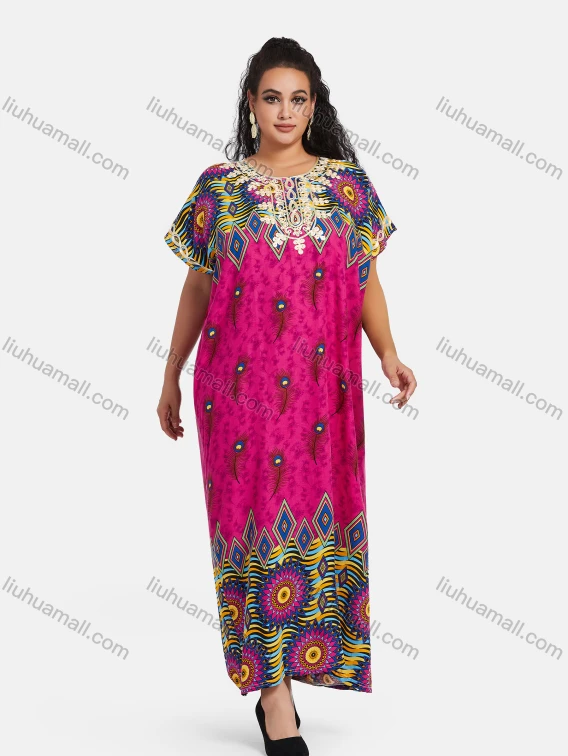 Wholesale Women's African Short Sleeve Tribal & Peacock Print Embroidery Round Neck Maxi Kaftan Dress #2046, Guangzhou Clothing Wholesale Market & Suppliers - LIUHUAMALL, Specialty