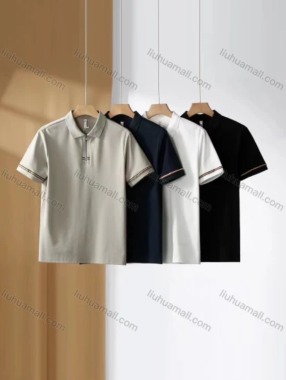 Wholesale Men's Casual Plain Collared Quarter Zip Short Sleeve Striped Trim Henley Shirt E95090#