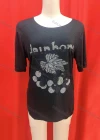 Wholesale Women's Casual Rhinestone Appliques Round Neck Short Sleeve Tee - Liuhuamall