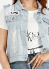 Wholesale Women's Graphic Print Distressed Flap Pockets Ripped Button Front Denim Vest - Liuhuamall