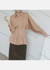 Wholesale Women's Casual Collared Batwing Sleeve Button Down Ruched Plain Peplum Tops - Liuhuamall