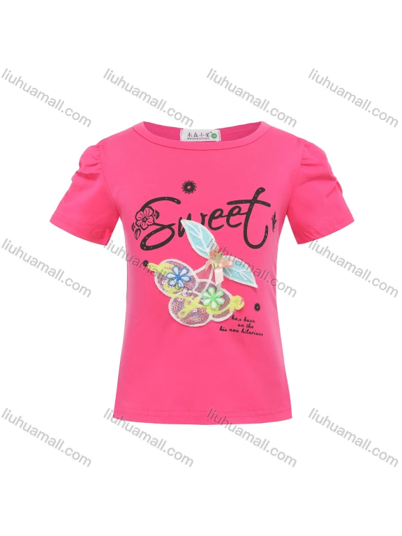 Wholesale Girls Casual Round Neck Letter Print Cherry Applique Sequin Short Sleeve Tee