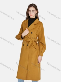 Wholesale Women's Casual Lapel Plain Double Breasted Tie Front Woolen Overcoat 8268#, LIUHUA CLOTHING WHOLESALE