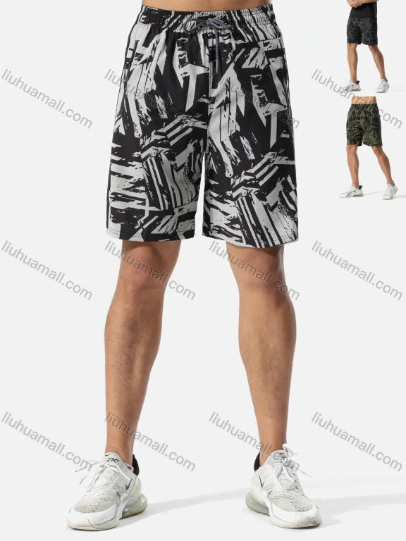 Wholesale Men's Athletic Workout Graffiti Elastic Waist Drawstring Zipper Pockets Shorts 7110#