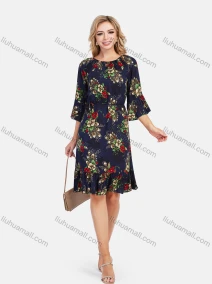 Wholesale Women's Elegant Frill Neck 3/4 Sleeve Floral Print Ruffle Hem Knee Length Dress With Belt, LIUHUA CLOTHING WHOLESALE