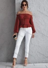 Wholesale Women's Fashion Ruffle Trim Off Shoulder Lace Up Long Sleeve Blouse - Liuhuamall