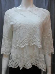 Wholesale Women's Round Neck Half Sleeve Layered Embroidered Floral Hollow Out Blouse, LIUHUA CLOTHING WHOLESALE