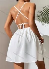 Wholesale Women's Spaghetti Strap Open Back Lace Up Ruffle Hem Plain Cami Dress AY233# - Liuhuamall