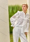 Wholesale Women's Retro Mock Neck Poet Sleeve Guipure Lace Ruffle Trim Swiss Dot Plain Blouse AY207# - Liuhuamall