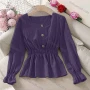 Wholesale Women's Casual V Neck Long Sleeve Ruffle Hem Shirred Plain Blouse preview