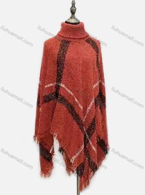 Wholesale Women's Casual High Collar Plaid Print Frayed Raw Hem Cape, LIUHUA CLOTHING WHOLESALE