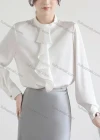Wholesale Women's Elegant Jabot Collar Long Sleeve Ruffle Trim Plain Blouse 897049# - Liuhuamall