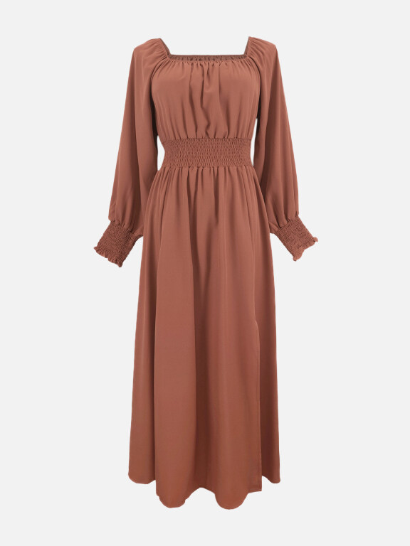 Women's Casual Square Neck Bishop Sleeve Shirred Plain Ruched Maxi Dress LS3009#, Clothing Wholesale Market -LIUHUA, Women, Women-s-Clothing-Sets
