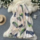 Wholesale Women's Vacation High-Waisted Pleated Printed Midi Skirt #SK2820 A-Apricot Clothing Wholesale Market Liuhua
