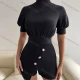Wholesale Women's Casual Plain High Neck Lantern Sleeve Belted Button Decor Romper E1003L# Black Clothing Wholesale Market Liuhua