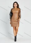 Wholesale Women's Fashion PU Leather Round Neck Mesh Zip Back Short Dress - Liuhuamall