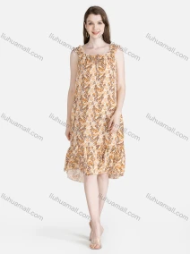 Wholesale Women's Casual Sleeveless Lace Up Ruffle Hem Leaf Print Dress , LIUHUA CLOTHING WHOLESALE