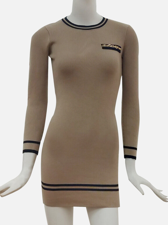 Women's Elegant Crew Neck Chain Deco Long Sleeve Knitted Short Dress 110#, Clothing Wholesale Market -LIUHUA, 