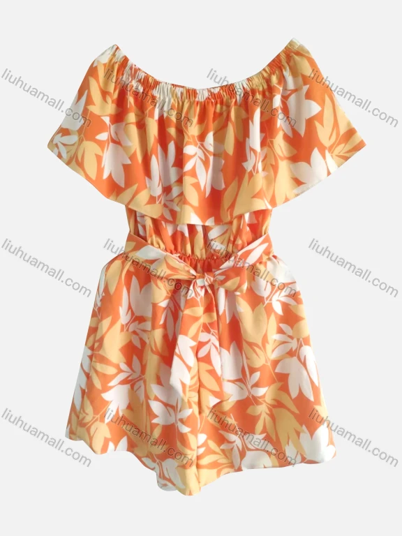 Wholesale Women's Casual Off Shoulder Ruffle Hem Floral Print Romper With Belt