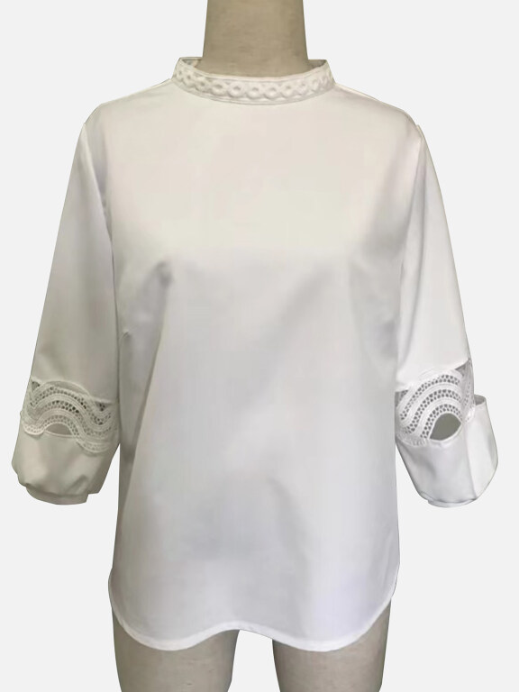 Woman's Casual Mock Neck Long Sleeve Eyelet Embroidered Splicing Plain Tunic Top, Clothing Wholesale Market -LIUHUA, 