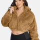 Women's Fashion Stand Collar Crop Zipper Fuzzy Fluffy Jacket 2033# Camel Clothing Wholesale Market -LIUHUA