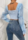 Wholesale Women's Square Neck Layered Poet Sleeve Ruched Open Back Plain Crop Blouse AY070# - Liuhuamall