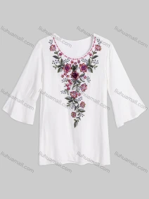 Wholesale Women's Casual Floral Pearl Decor Scoop Neck Ruffle Sleeve Blouse HF9278-2#, LIUHUA CLOTHING WHOLESALE