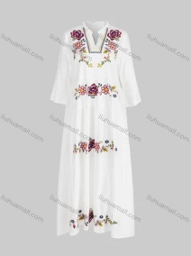 Wholesale Women's Casual Floral Ruched Lace Trim Notched Neck Ruffle Sleeve Midi Dress, LIUHUA CLOTHING WHOLESALE