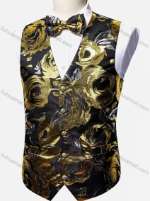 Wholesale Men's Vintage V Neck Single Breasted Gold Thread Embroidery Waistcoat & Bow Tie 2-piece Set, LIUHUA CLOTHING WHOLESALE