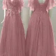 Wholesale Women's Elegant Wedding V Neck Layered Sleeve Lace Up Pearl Decor Maxi Bridesmaid Dress 2204# Pale Violet Red Clothing Wholesale Market Liuhua