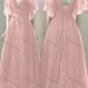 Wholesale Women's Elegant Wedding V Neck Layered Sleeve Lace Up Pearl Decor Maxi Bridesmaid Dress 2204# Pink Clothing Wholesale Market Liuhua
