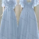 Wholesale Women's Elegant Wedding V Neck Layered Sleeve Lace Up Pearl Decor Maxi Bridesmaid Dress 2204# Light Blue Clothing Wholesale Market Liuhua