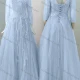 Wholesale Women's Elegant Wedding Bateau Neck 3/4 Sleeve Lace Up Pearl Decor Floor Length Bridesmaid Dress 2211# Light Blue Clothing Wholesale Market Liuhua