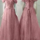 Wholesale Women's Elegant Wedding Off Shoulder Lace Up Pearl Decor Floor Length Bridesmaid Dress 2203# Pale Violet Red Clothing Wholesale Market Liuhua