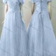 Wholesale Women's Elegant Wedding Off Shoulder Lace Up Pearl Decor Floor Length Bridesmaid Dress 2203# Light Blue Clothing Wholesale Market Liuhua