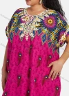 Wholesale Women's African Short Sleeve Tribal & Peacock Print Embroidery Round Neck Maxi Kaftan Dress #2046 - Liuhuamall