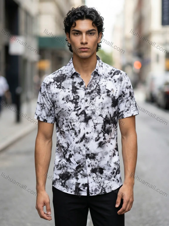 Wholesale In Stock 2026 Men's Slim Fit Floral Print Short Sleeve Casual Business Shirt