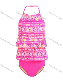 Wholesale Girls Allover Print Halter Neck Ruffle Layered Hem Backless Two-Piece Swimsuit Set, LIUHUA CLOTHING WHOLESALE