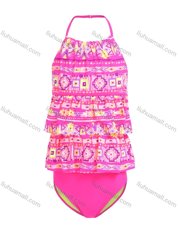 Wholesale Girls Allover Print Halter Neck Ruffle Layered Hem Backless Two-Piece Swimsuit Set