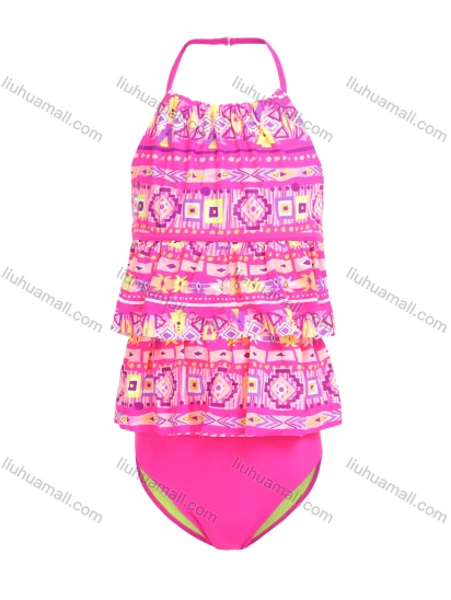 Wholesale Girls Allover Print Halter Neck Ruffle Layered Hem Backless Two-Piece Swimsuit Set