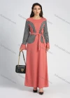 Wholesale Women's Long Sleeve Round Neck Houndstooth Splicing A-line Maxi Dress With Belt - Liuhuamall