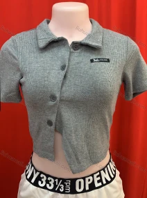 Wholesale Women's Casual Plain Rib-knit Short Sleeve Button Down Knit Crop Shirt, LIUHUA CLOTHING WHOLESALE