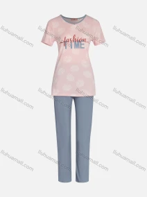 Wholesale Women's Milk Silk Letter & Leaf Print Short Sleeve Tops & Straight Leg Pants 2 Piece Lounge Pajamas Set, LIUHUA CLOTHING WHOLESALE