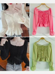 Wholesale Women's Causal Crop Square Neck Poet Sleeve Shirred Ruffle Hem Plain Blouse, LIUHUA CLOTHING WHOLESALE