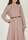 Wholesale Women's Chiffon Mandarin Collar Pleated Long Sleeve Plain Maxi Dress With Belt - Liuhuamall