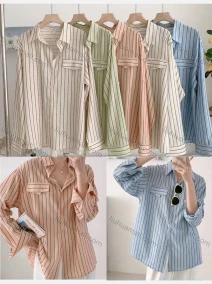 Wholesale Women's Collared Loose Fit Striped Print Fake Pockets Long Sleeve Shirt 1568#, LIUHUA CLOTHING WHOLESALE