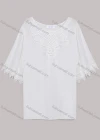 Wholesale Women's Casual Half Sleeve Round Neck Pearl Decor Lace Trim Oversized Blouse - Liuhuamall