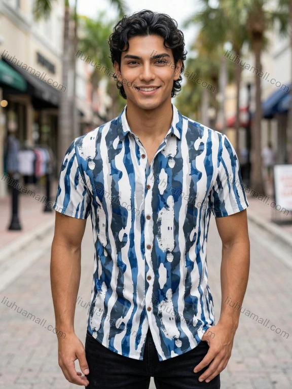 Wholesale In Stock Men's Slim Fit Short Sleeve Printed Abstract Pattern Shirt | Casual Business Summer Shirt for Men